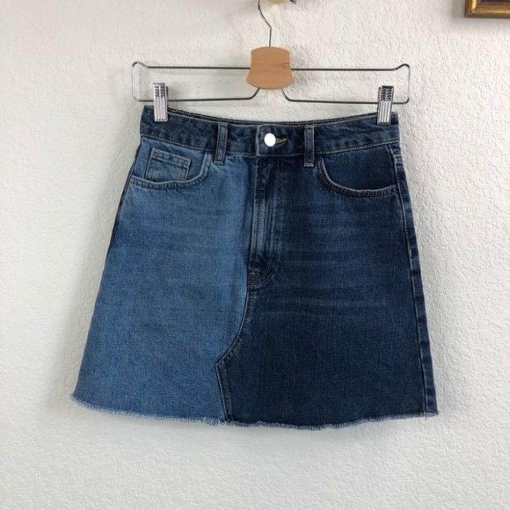 French Conn Allene Denim Jean Frayed Mini Contrast Skirt